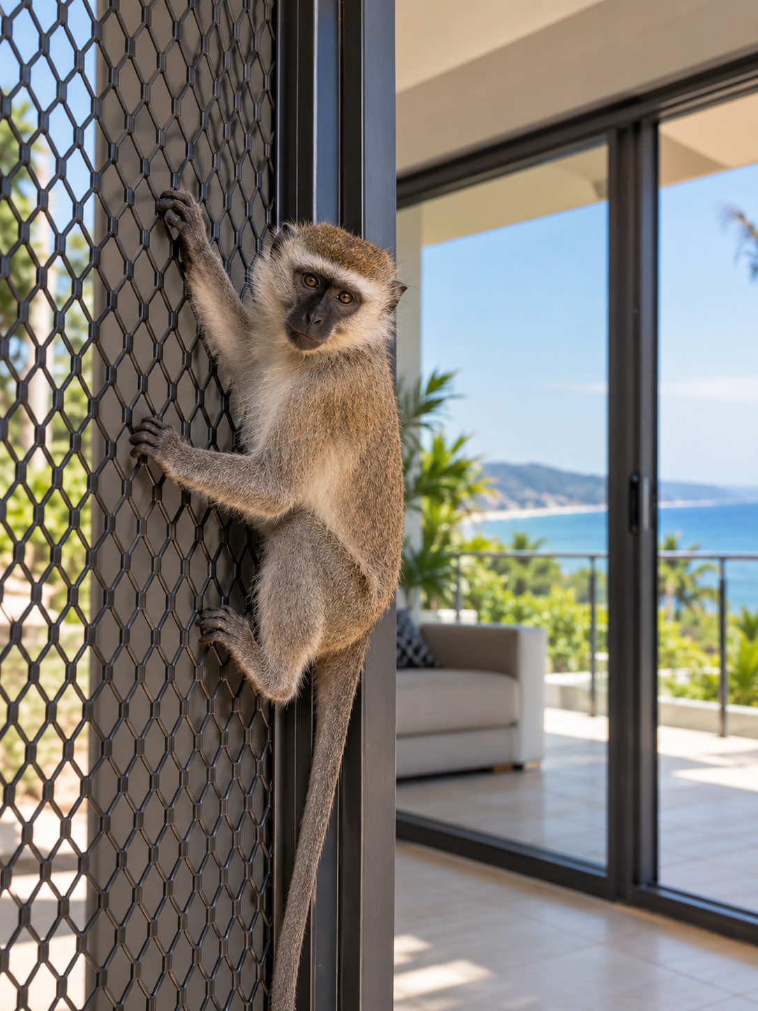 Curious Monkey on Coastal Security Mesh This is an image representing Monkey-Proof Screens